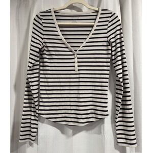 American Eagle Womens Striped Ribbed Henley Long Sleeve Top Cream Black Medium